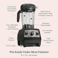 Vitamix Propel Series 750 Blender + Stainless Steel Container, Four Blending Programs, Self-Cleaning Program, Professional-Grade Blender for Smoothies, Soups and More, Stainless-Steel Blades, Black