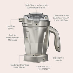 Vitamix 48-Ounce Stainless-Steel Blender Container with SELF-DETECT, Dishwasher-Safe, BPA-Free Clear Lid, Laser-Cut Stainless-Steel Blades, Compatible with All Full-Size Vitamix Blenders